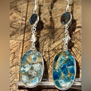 Abalone Shell Blue Apatite in Copper Earrings 2 1/4”